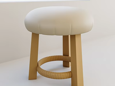 Modern Wooden Stool With Cream Padded Seat And Rattan Ring For Kitchen Island 3d model
