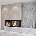 Modern Wooden And Marble Background Wall Design With Fireplace Flame Stacked Firewood And Shelf Decorations
