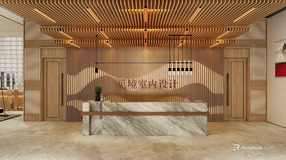 Modern Interior Design Reception Area With Wooden Decor Marble Countertop And Pendant Lights 3d model 