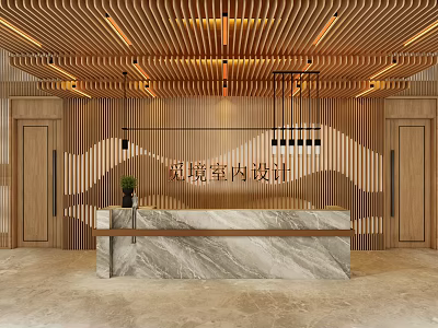 Modern Interior Design Reception Area With Wooden Decor Marble Countertop And Pendant Lights 3d model