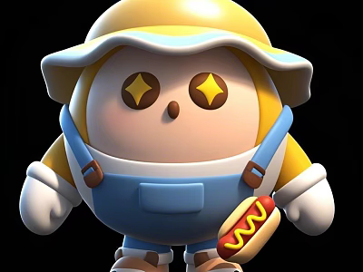 Cute Cartoon Character With Yellow Hat Blue Overalls And Hot Dog 3d model