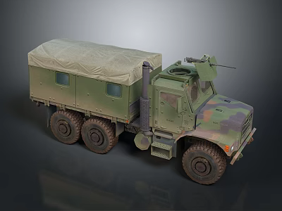 Camouflage Painted Military Truck With Canvas Covered Cargo Area Mounted Weapon And Six Wheel Design 3d model