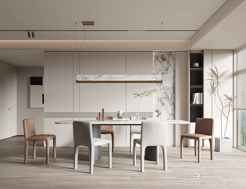Modern Restaurant Interior Featuring Dining Table Chairs Pendant Light And Marble Wall 3d model 