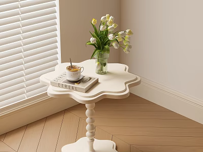 White Petal Shaped Top Side Table With Beaded Legs Vase Flowers Book And Coffee Cup 3d model