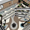 Spacious Shopping Mall Atrium With Modern Staircase Wooden Railings And Indoor Greenery