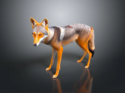 3D Rendered Wolf with Orange and Gray Fur Standing on Dark Background with Reflection 3d model