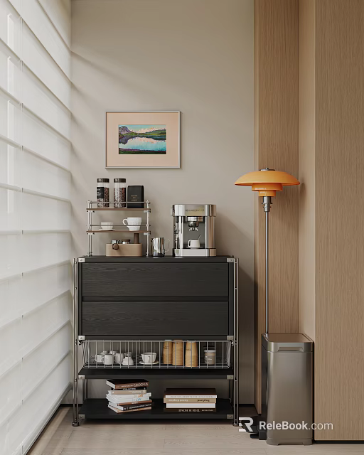 Modern Entryway Side Cabinet With Storage Drawers Decorative Lamp Coffee Machine And Painting 3d model 