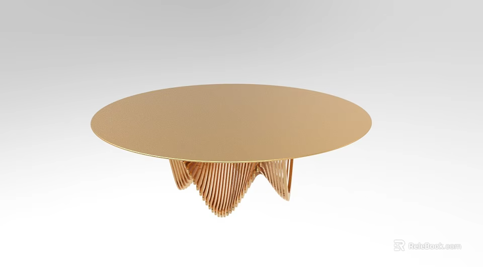 Elegant Golden Round Coffee Table With Modern Striped Textured Base Design 3d model