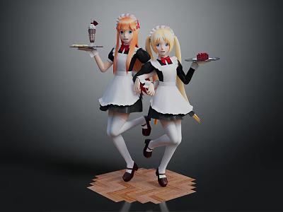 Anime Game Characters In Black White Maid Outfits Holding Trays With Drinks And Food 3d model