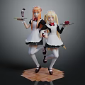 Anime Game Characters In Black White Maid Outfits Holding Trays With Drinks And Food