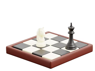Wooden Chessboard with White Knight and Black King on Checkerboard Surface 3d model
