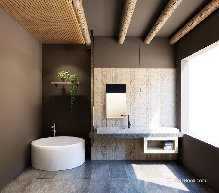 Modern Bathroom Interior With Wooden Ceiling Round Bathtub Stone Sink Counter And Green Plants 3d model 