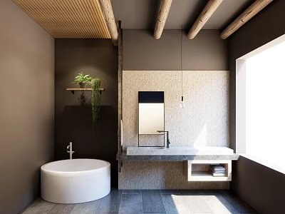 Modern Bathroom Interior With Wooden Ceiling Round Bathtub Stone Sink Counter And Green Plants 3d model