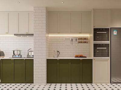 Modern Kitchen Interior With Green Cabinets White Brick Wall And Black White Floor Tiles 3d model