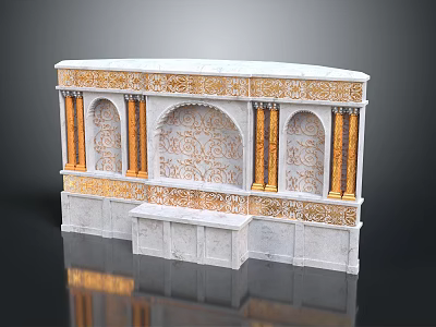 Elegant Reception Background Wall With Marble Surface Golden Columns And Arched Carved Patterns 3d model