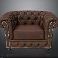 Brown Leather Armchair With Tufted Backrest Seat And Studded Armrests Base