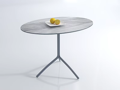 Round Gray Wood Grain Coffee Table With Metal Triangular Legs And White Plate Two Lemons 3d model