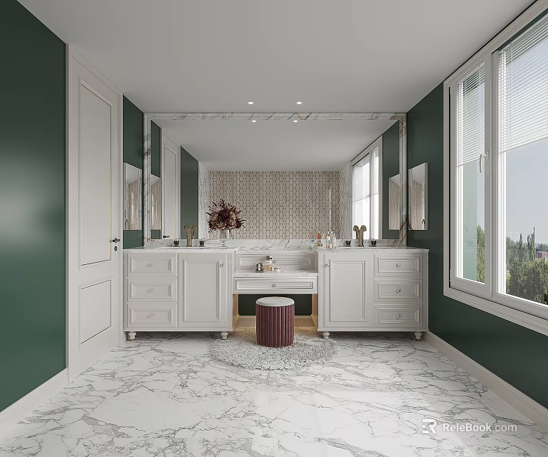 Modern Bathroom With White Vanities Marble Floor And Large Mirror 3d model 