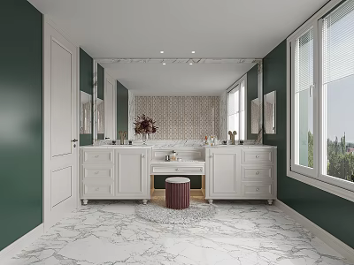 Modern Bathroom With White Vanities Marble Floor And Large Mirror 3d model