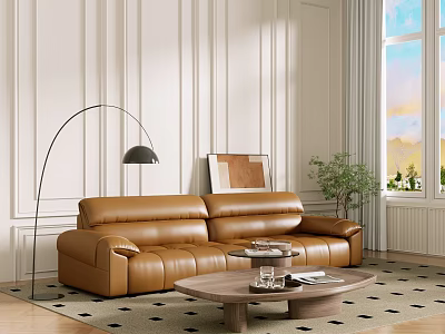 Minimalist Brown Leather Sofa And Wooden Coffee Table With Floor Lamp Potted Plant Geometric Rug 3d model