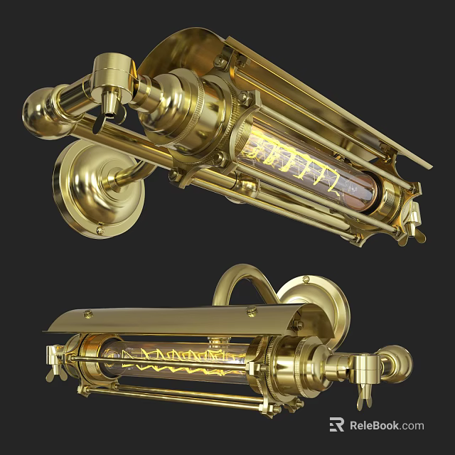 Golden Brass Wall Lamp With Vintage Industrial Metal Frame And Elongated Translucent Shade 3d model 