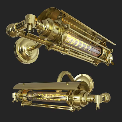 Golden Brass Wall Lamp With Vintage Industrial Metal Frame And Elongated Translucent Shade 3d model