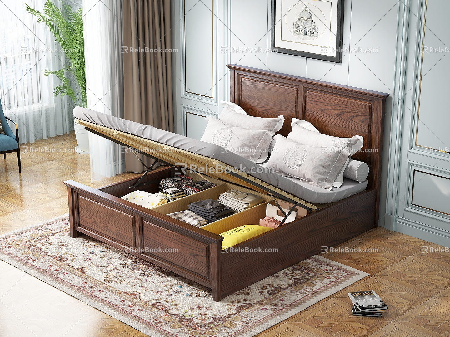 European American white wax wood bed high box storage pressure bed 3d model 3d model