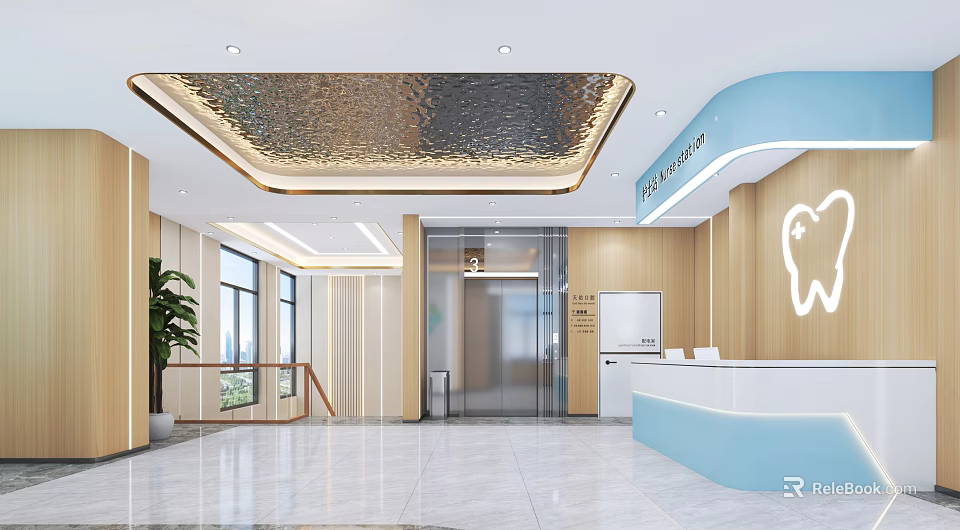 Modern Dental Clinic Lobby With Blue Reception Desk Elevator Plant And Wooden Walls 3d model 