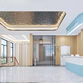 Modern Dental Clinic Lobby With Blue Reception Desk Elevator Plant And Wooden Walls