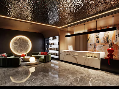 Modern Hotel Lobby With Illuminated Circular Decor Green Sofas White Reception Desk And Marble Floor 3d model