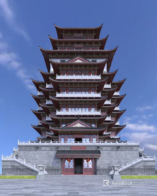 Traditional Chinese Multi Tiered Tower With Ornate Eaves Red Roofs And White Railings 3d model 