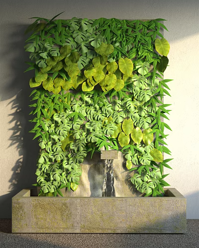 Living Plant Wall Decor with Lush Green Leaves Vines and Flowing Water Fountain 3d model