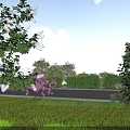Lush Garden Landscape With Green Lawn Flowering Trees And Clear Blue Sky