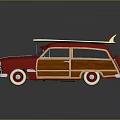 Classic Red Vintage Station Wagon With Wooden Panels And Surfboard On Roof