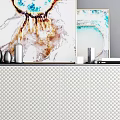 Modern Entryway Cabinet Sideboard With Gray Body Gold Handles And Decorative Wall Paintings