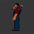 The Man in Red Shirt and Blue Overalls Holding Wrench Standing Against Gray Background