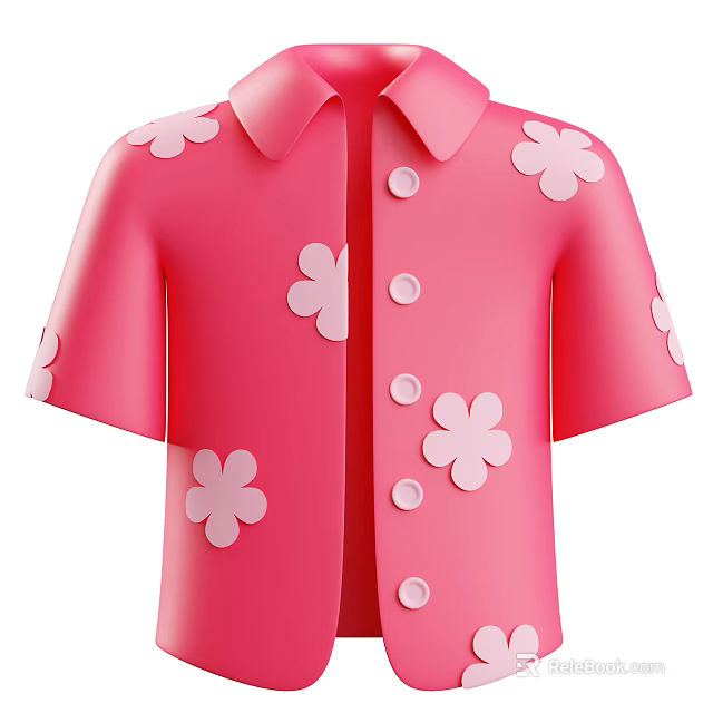Pink Short Sleeved Shirt With Collar Buttons And White Flower Patterns 3d model 