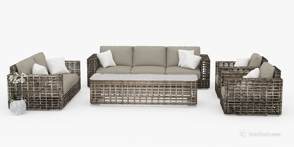 Gray Rattan Outdoor Sofa Set With Coffee Table And White Cushions 3d model 