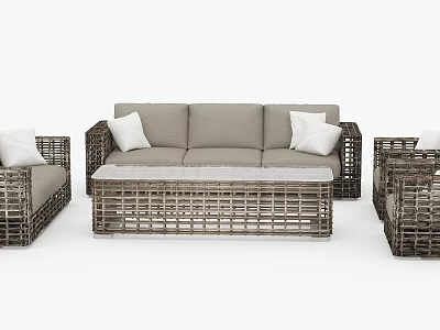 Gray Rattan Outdoor Sofa Set With Coffee Table And White Cushions 3d model