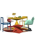 Colorful Dining Table With Transparent And Colored Chairs Flower Arrangement And Fruits On Colorful Rug