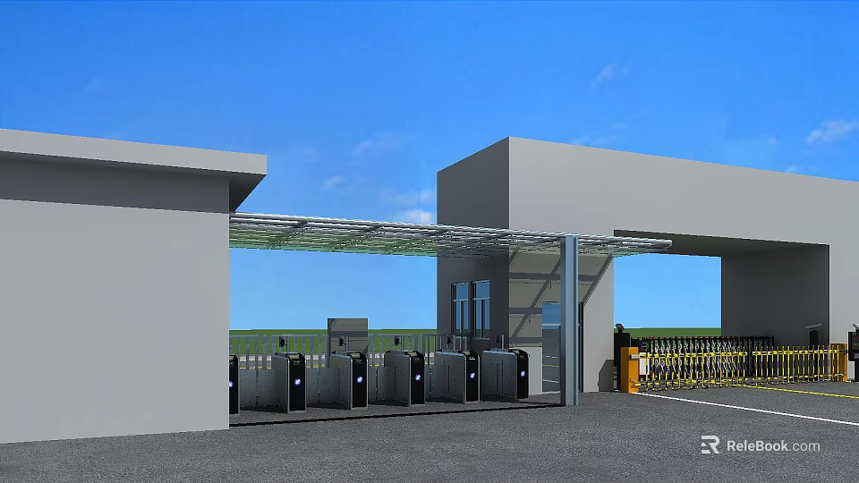 Modern Entrance Gate With Gray Buildings Canopy Turnstiles Yellow Railings And Green Lawn 3d model 