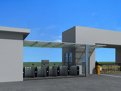 Modern Entrance Gate With Gray Buildings Canopy Turnstiles Yellow Railings And Green Lawn 3d model