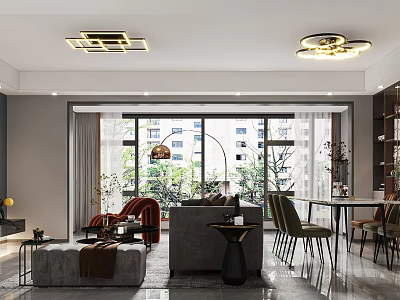 Modern Living and Dining Room Interior With Sofa Dining Table Large Windows And Pendant Lights 3d model
