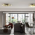 Modern Living and Dining Room Interior With Sofa Dining Table Large Windows And Pendant Lights