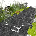 Japanese Garden Stone Path With Lush Green Plants And Traditional Lantern