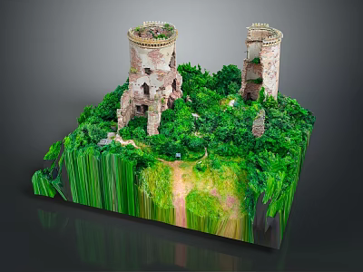 Cartoon Scene of Two Ancient Towers Castle Ruins Surrounded by Lush Green Vegetation and Path 3d model