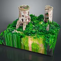 Cartoon Scene of Two Ancient Towers Castle Ruins Surrounded by Lush Green Vegetation and Path