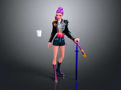 3D Character With Purple Hair Black Jacket Shorts White Cup Blue Staff Pink Striped Boots 3d model
