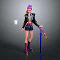 3D Character With Purple Hair Black Jacket Shorts White Cup Blue Staff Pink Striped Boots