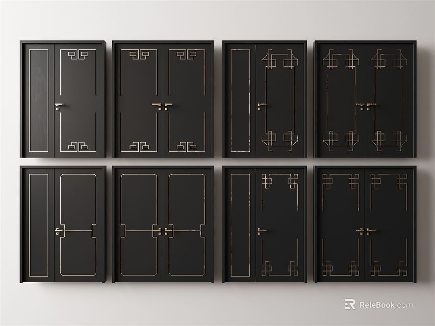 Black Double Doors With Gold Decorative Lines And Modern Elegant Design Patterns 3d model 